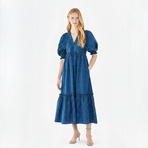 Hunter Bell Palmer Puff Sleeve Ruffle Hem Midi Dress in Wild Berry Size Medium